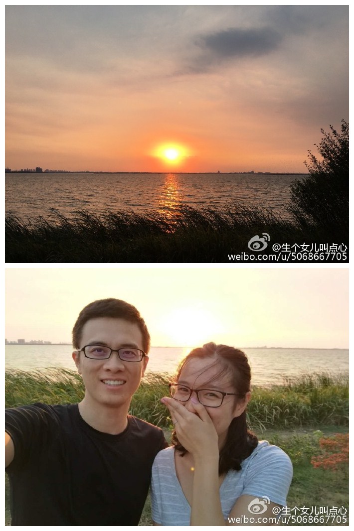 8.28昨天，一瞬间感觉秋天就到啦！妹子结婚，阳澄湖边上，牵手走在湖边，扯着些有的没得，望着夕阳，吹着湖风，这一刻感觉好棒！来一张落日余晖下的我们，只是我...笑场了…[偷笑]