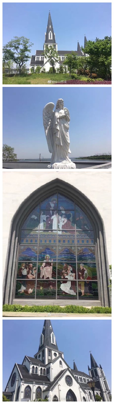 【阳澄湖边天主教堂】教堂在阳澄西湖的最西南角，外立面是白色墙体褐色的屋顶，融入了江南苏式的建筑元素，与湖边的民舍风貌更融合。教堂的外观，则是沿用了天主教传统的哥特式建筑风格，主塔高80米，据说是苏州目